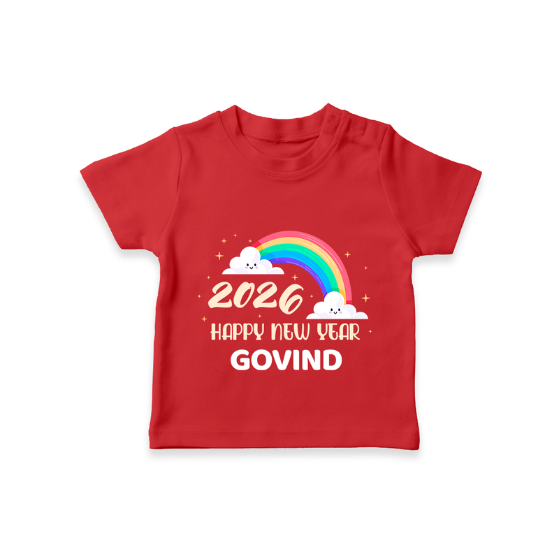 Happy New Year 2026 – Rainbow Cloud | Customized T-Shirt for Kids - RED - 0-5 Months Old (Chest 17")