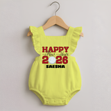 Happy New Year 2026 – Disco  | Personalised Romper Frock for Girls - PASTEL YELLOW - 0 - 3 Months Old (Chest 19")