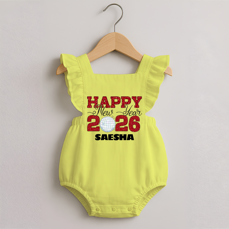 Happy New Year 2026 – Disco  | Personalised Romper Frock for Girls - PASTEL YELLOW - 0 - 3 Months Old (Chest 19")