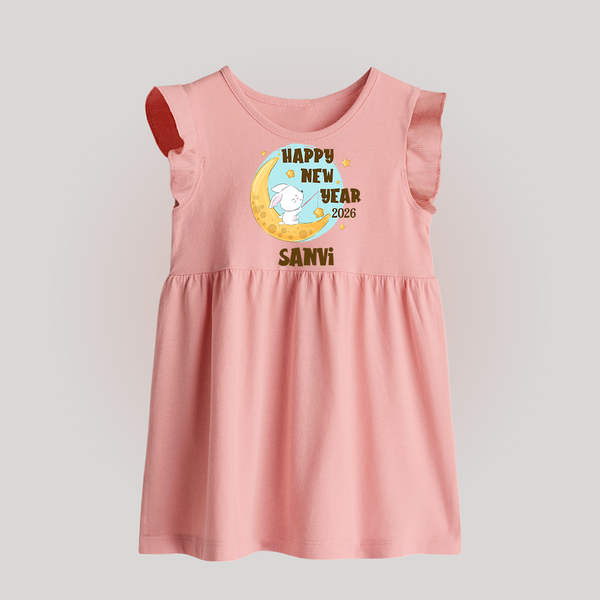 Happy New Year 2026 – Moon & Bunny | Personalised Baby Frock   - BABY PINK - 0 - 3 Months Old (Chest 17")