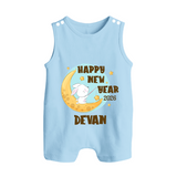 Happy New Year 2026 – Moon & Bunny | Personalised Romper Suit   - BABY BLUE - 0 - 5 Months Old (Chest 18")