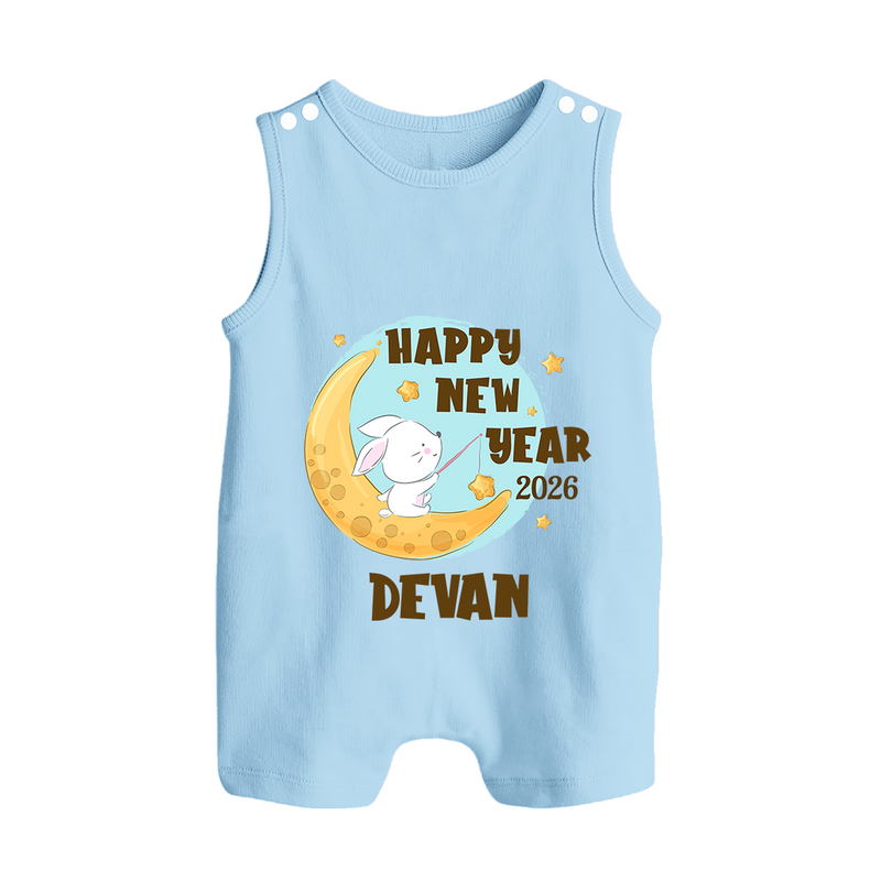 Happy New Year 2026 – Moon & Bunny | Personalised Romper Suit   - BABY BLUE - 0 - 5 Months Old (Chest 18")