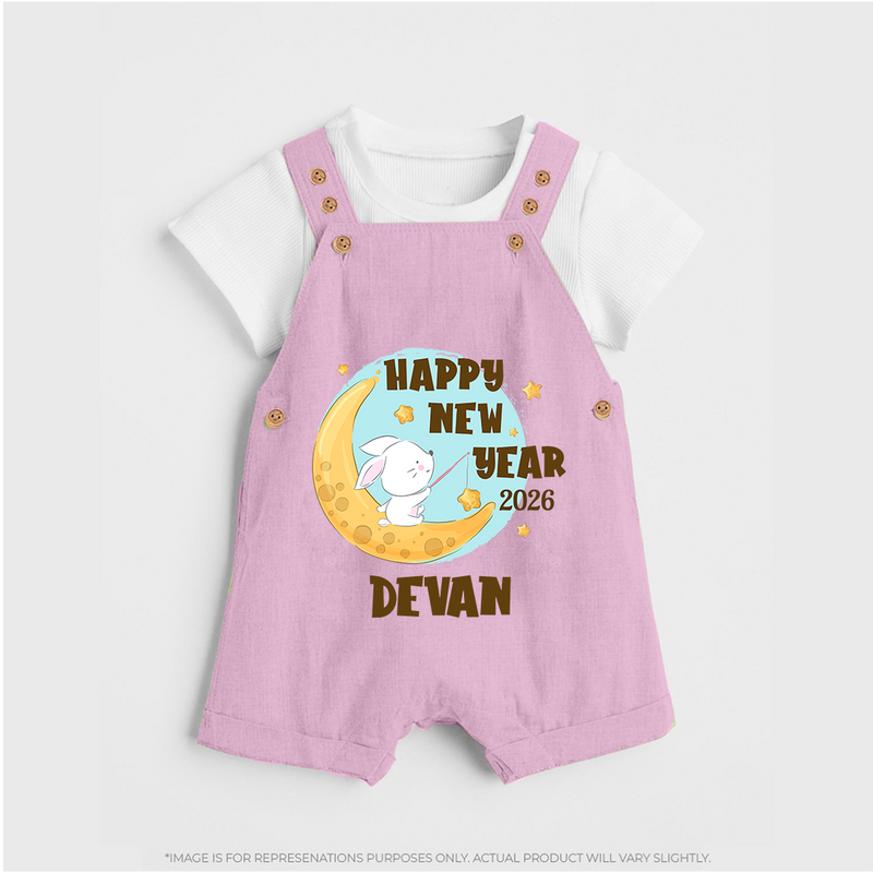 Happy New Year 2026 – Moon & Bunny | Personalised Dungaree for Kids - BABY PINK - 0 - 5 Months Old (Chest 18")