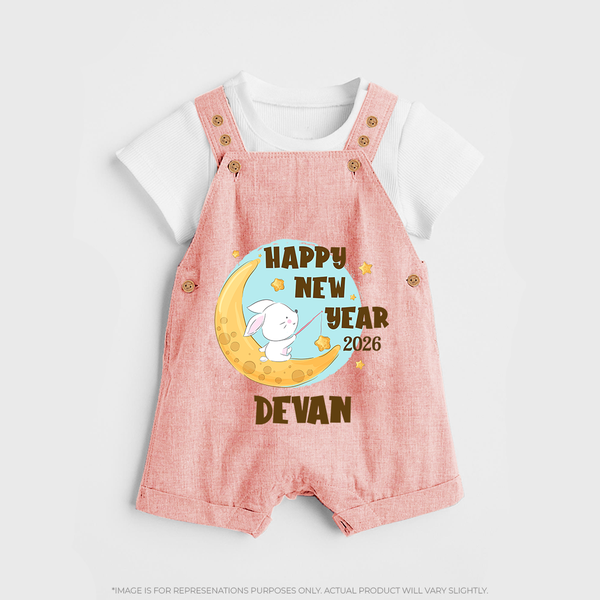 Happy New Year 2026 – Moon & Bunny | Personalised Dungaree for Kids - PEACH - 0 - 5 Months Old (Chest 18")