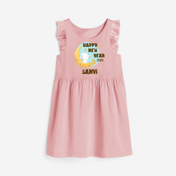 Happy New Year 2026 – Moon & Bunny | Personalised Frock for Girls - BABY PINK - 1 - 2 Years Old (Chest 22" , Full Length 22")