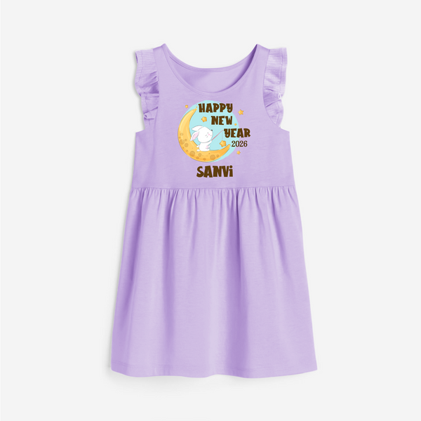 Happy New Year 2026 – Moon & Bunny | Personalised Frock for Girls - LILAC - 1 - 2 Years Old (Chest 22" , Full Length 22")