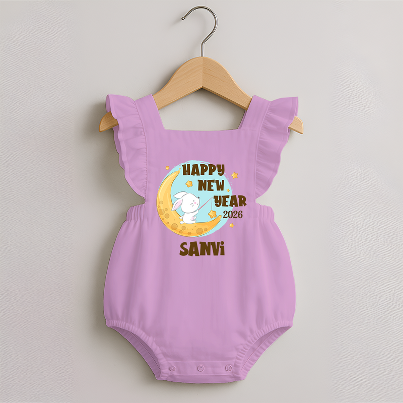 Happy New Year 2026 – Moon & Bunny | Personalised Romper Frock for Girls - BABY PINK - 0 - 3 Months Old (Chest 19")
