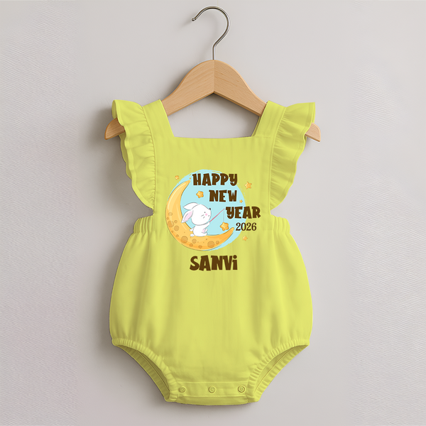 Happy New Year 2026 – Moon & Bunny | Personalised Romper Frock for Girls - PASTEL YELLOW - 0 - 3 Months Old (Chest 19")