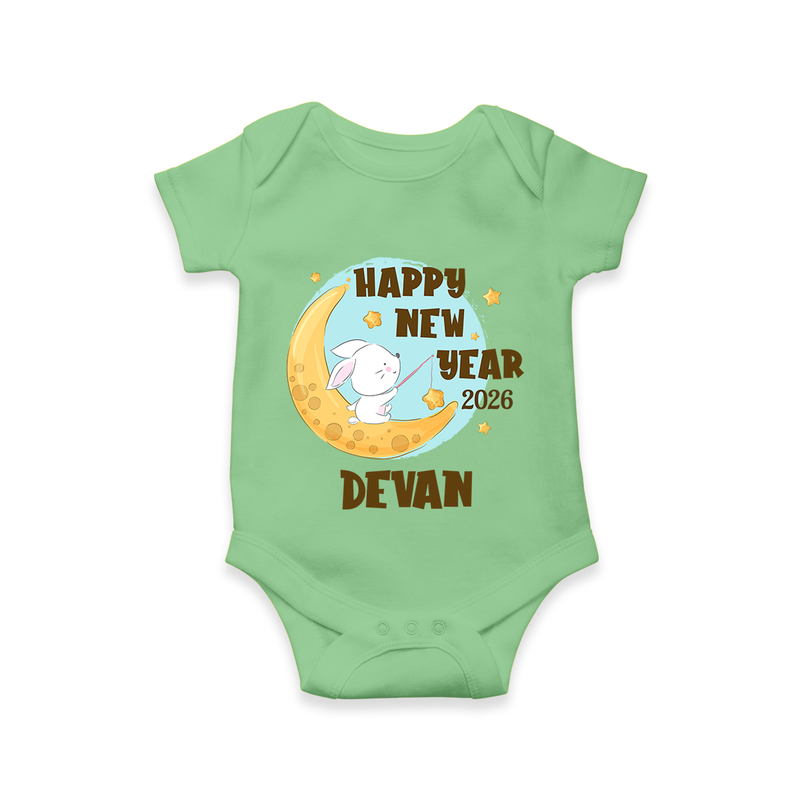 Happy New Year 2026 – Moon & Bunny | Personalised Romper for Kids - GREEN - New Born (Chest 14")