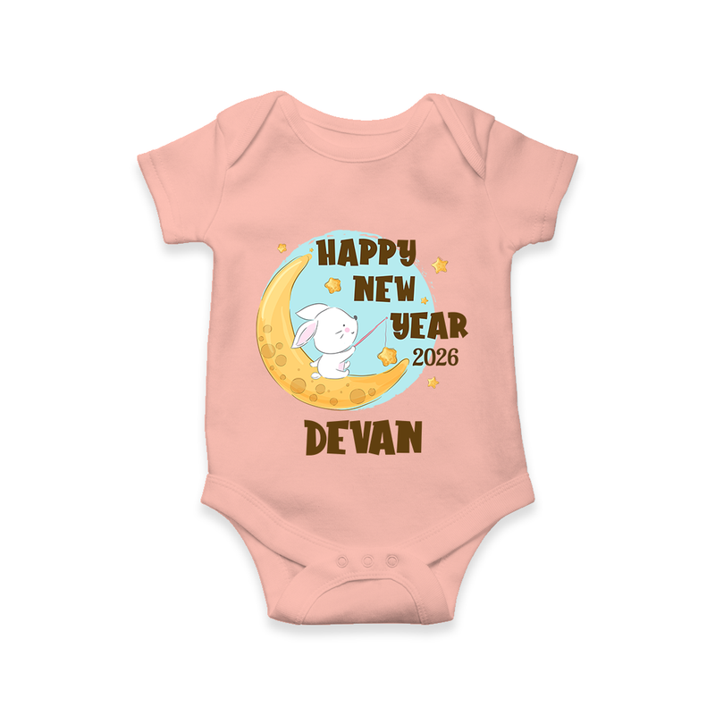 Happy New Year 2026 – Moon & Bunny | Personalised Romper for Kids - PEACH - New Born (Chest 14")