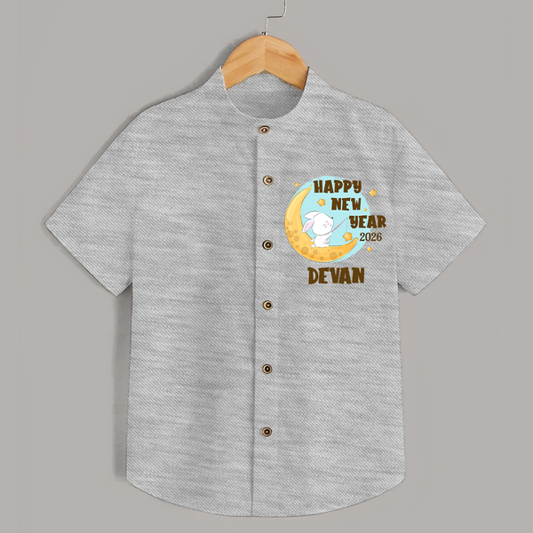 Happy New Year 2026 – Moon & Bunny | Personalised Shirt for Kids - GREY - 0 - 6 Months Old (Chest 23")