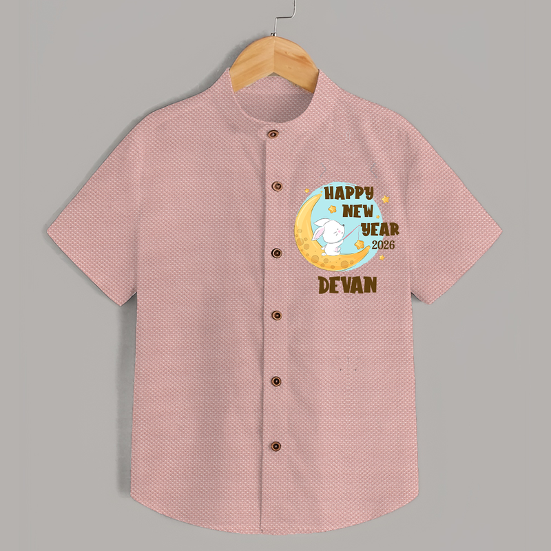 Happy New Year 2026 – Moon & Bunny | Personalised Shirt for Kids - PEACH - 0 - 6 Months Old (Chest 23")