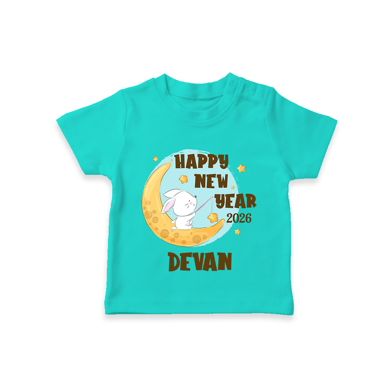 Happy New Year 2026 – Moon & Bunny | Personalised T-Shirt for Kids - TEAL - 0-5 Months Old (Chest 17")
