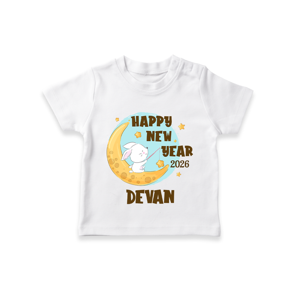 Happy New Year 2026 – Moon & Bunny | Personalised T-Shirt for Kids - WHITE - 0-5 Months Old (Chest 17")
