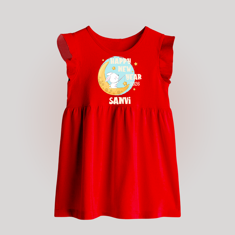 Happy New Year 2026 – Moon & Bunny | Personalised Baby Frock   - RED - 0 - 3 Months Old (Chest 17")