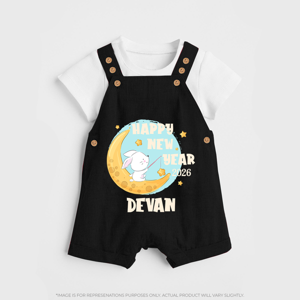 Happy New Year 2026 – Moon & Bunny | Personalised Dungaree for Kids - BLACK - 0 - 5 Months Old (Chest 18")