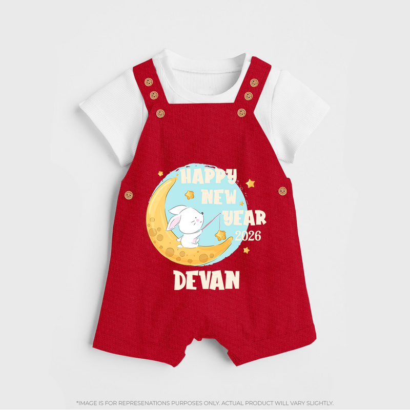 Happy New Year 2026 – Moon & Bunny | Personalised Dungaree for Kids - RED - 0 - 5 Months Old (Chest 18")