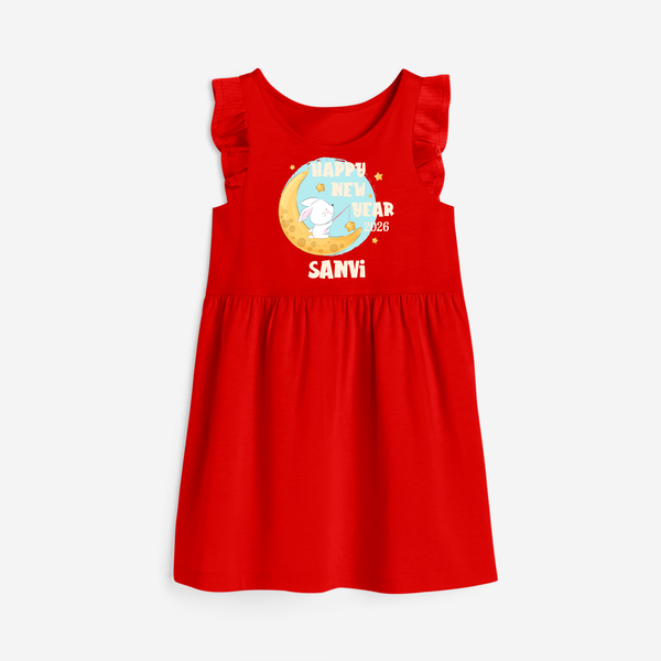 Happy New Year 2026 – Moon & Bunny | Personalised Frock for Girls - RED - 1 - 2 Years Old (Chest 22" , Full Length 22")