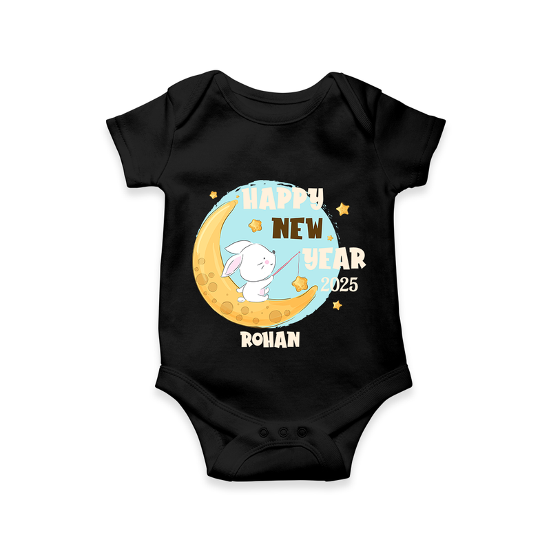 "Happy New Year 2025 - Celebrating Happiness With Our Customized Romper for Babies With Name" - BLACK - 0 - 3 Months Old (Chest 16")