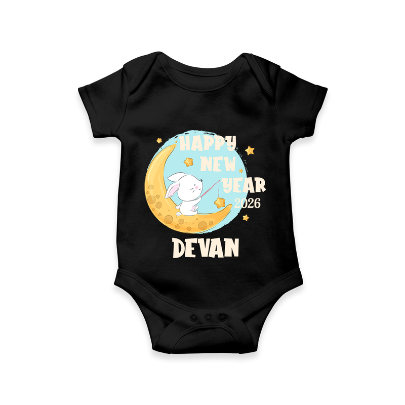 Happy New Year 2026 – Moon & Bunny | Personalised Romper for Kids - BLACK - New Born (Chest 14")