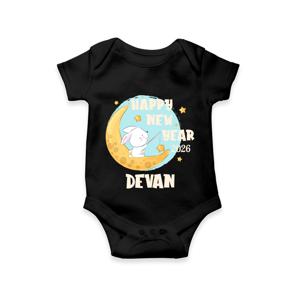 Happy New Year 2026 – Moon & Bunny | Personalised Romper for Kids - BLACK - New Born (Chest 14")