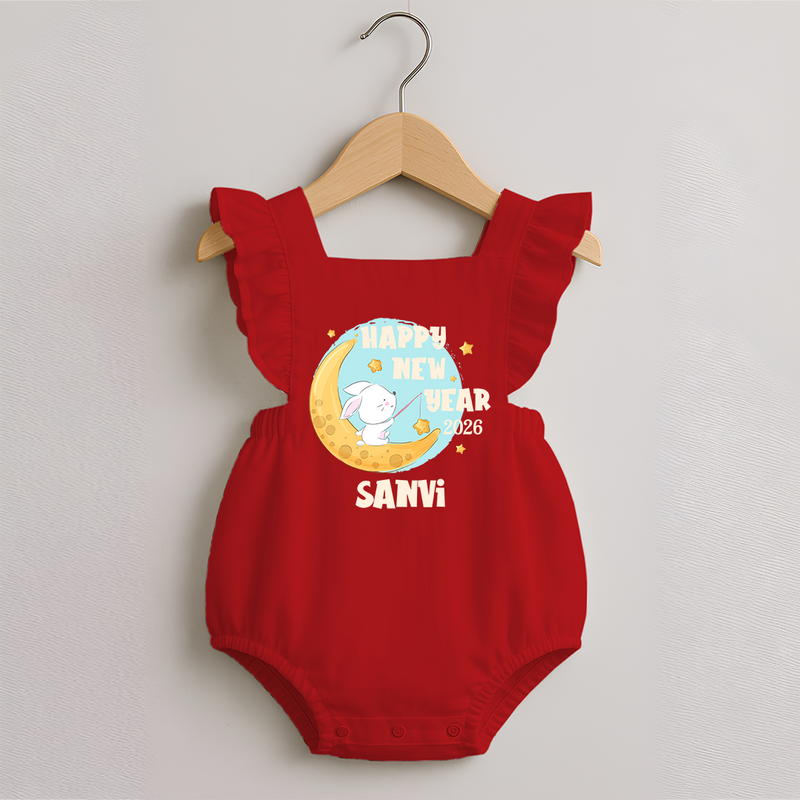 Happy New Year 2026 – Moon & Bunny | Personalised Romper Frock for Girls - RED - 0 - 3 Months Old (Chest 19")