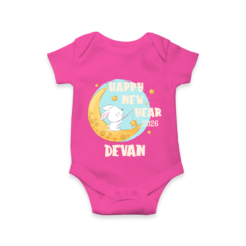 Happy New Year 2026 – Moon & Bunny | Personalised Romper for Kids - HOT PINK - New Born (Chest 14")