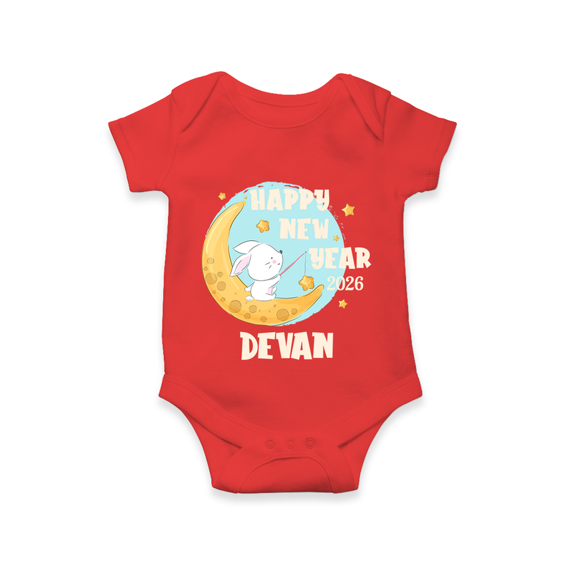 Happy New Year 2026 – Moon & Bunny | Personalised Romper for Kids - RED - New Born (Chest 14")