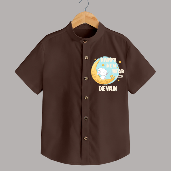 Happy New Year 2026 – Moon & Bunny | Personalised Shirt for Kids - CHOCOLATE BROWN - 0 - 6 Months Old (Chest 23")