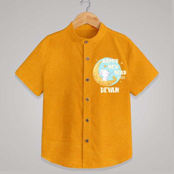 Happy New Year 2026 – Moon & Bunny | Personalised Shirt for Kids - CHROME YELLOW - 0 - 6 Months Old (Chest 23")