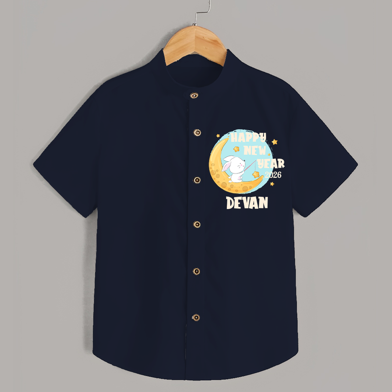 Happy New Year 2026 – Moon & Bunny | Personalised Shirt for Kids - NAVY BLUE - 0 - 6 Months Old (Chest 23")