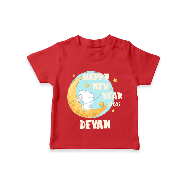 Happy New Year 2026 – Moon & Bunny | Personalised T-Shirt for Kids - RED - 0-5 Months Old (Chest 17")