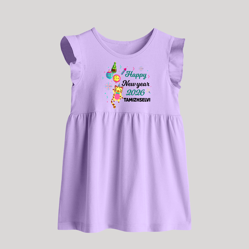 Happy New Year 2026 – Party Tiger | Customized Baby Frock   - LILAC - 0 - 3 Months Old (Chest 17")