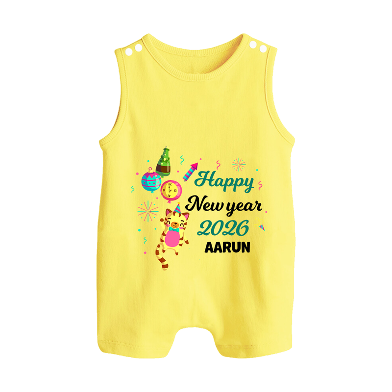 Happy New Year 2026 – Party Tiger | Customized Romper Suit   - PASTEL YELLOW - 0 - 5 Months Old (Chest 18")