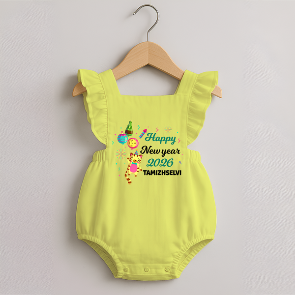 Happy New Year 2026 – Party Tiger | Customized Romper Frock for Girls - PASTEL YELLOW - 0 - 3 Months Old (Chest 19")