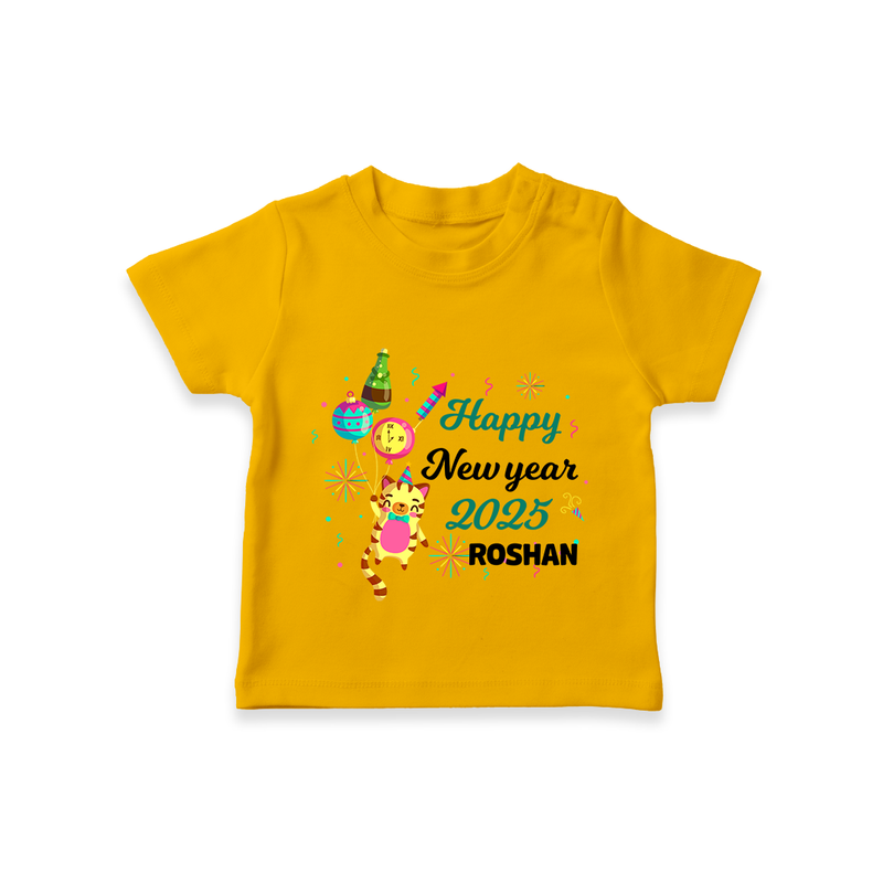 "Happy New Year 2025 - Smiles and Giggles With Our Customized T-Shirt for Kids With Name" - CHROME YELLOW - 0-5 Months Old (Chest 17")