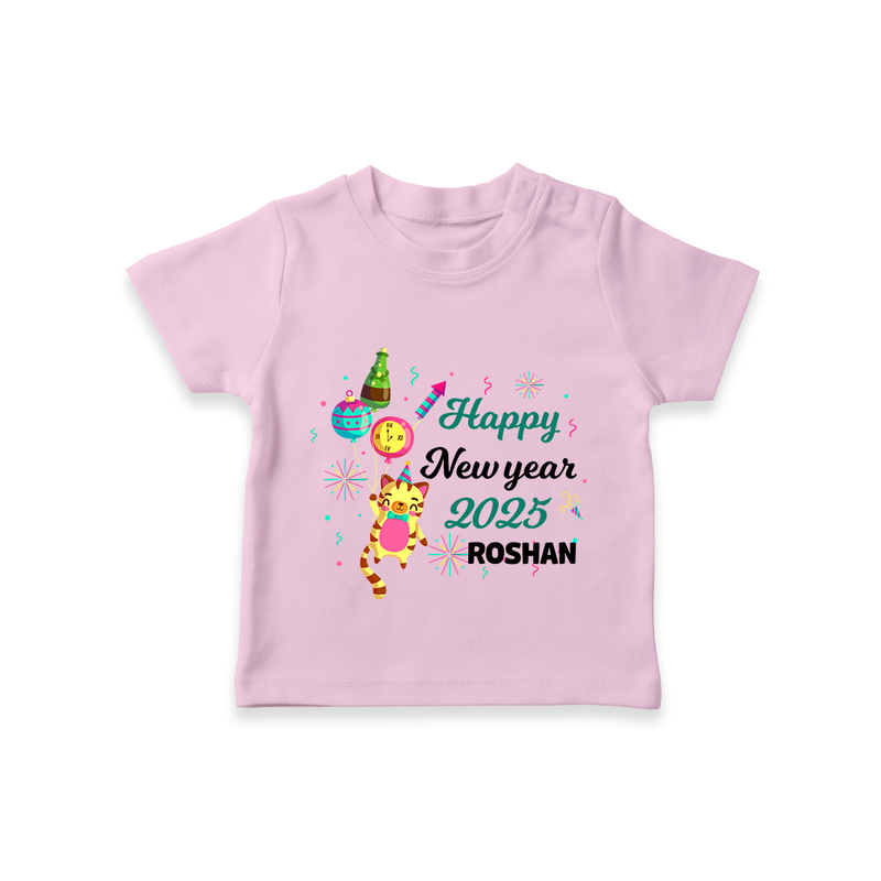 "Happy New Year 2025 - Smiles and Giggles With Our Customized T-Shirt for Kids With Name" - PINK - 0-5 Months Old (Chest 17")