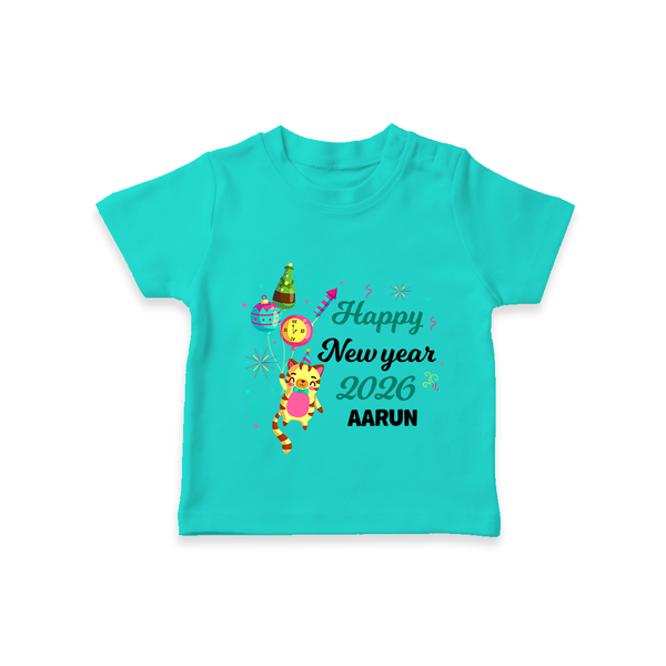 Happy New Year 2026 – Party Tiger | Customized T-Shirt for Kids - TEAL - 0-5 Months Old (Chest 17")