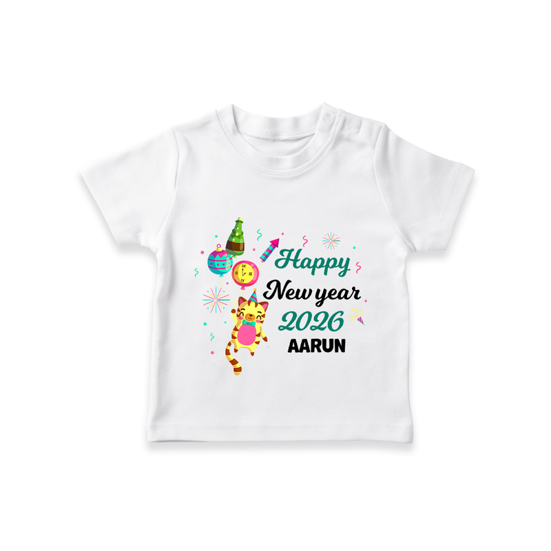 Happy New Year 2026 – Party Tiger | Customized T-Shirt for Kids - WHITE - 0-5 Months Old (Chest 17")
