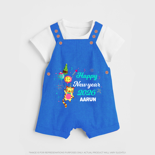 Happy New Year 2026 – Party Tiger | Customized Dungaree for Kids - COBALT BLUE - 0 - 5 Months Old (Chest 18")