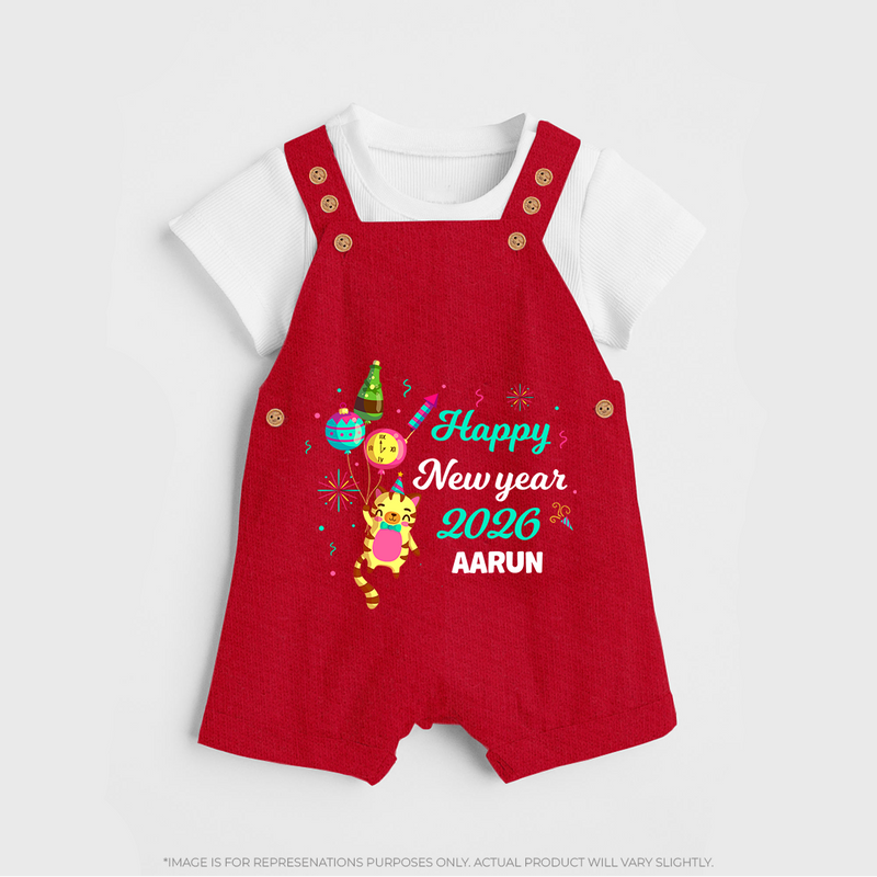 Happy New Year 2026 – Party Tiger | Customized Dungaree for Kids - RED - 0 - 5 Months Old (Chest 18")