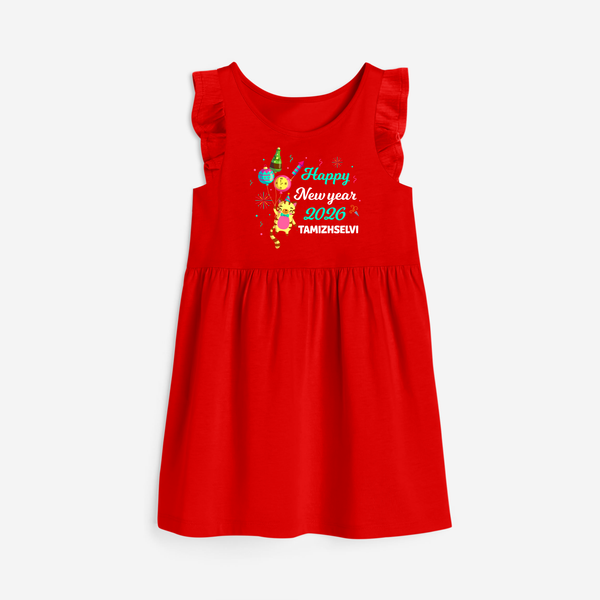 Happy New Year 2026 – Party Tiger | Customized Frock for Girls - RED - 1 - 2 Years Old (Chest 22" , Full Length 22")