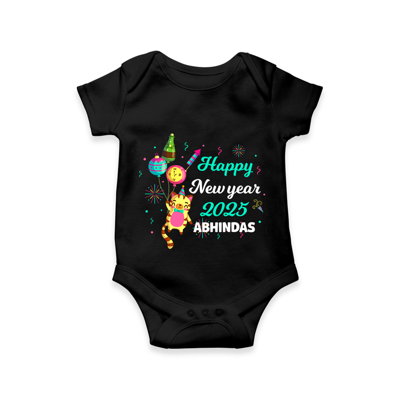 "Happy New Year 2025 - Smiles and Giggles With Our Customized Romper for Babies With Name" - BLACK - 0 - 3 Months Old (Chest 16")