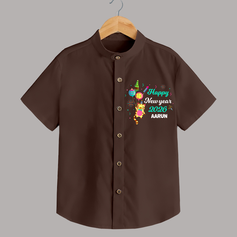 Happy New Year 2026 – Party Tiger | Customized Shirt for Kids - CHOCOLATE BROWN - 0 - 6 Months Old (Chest 23")