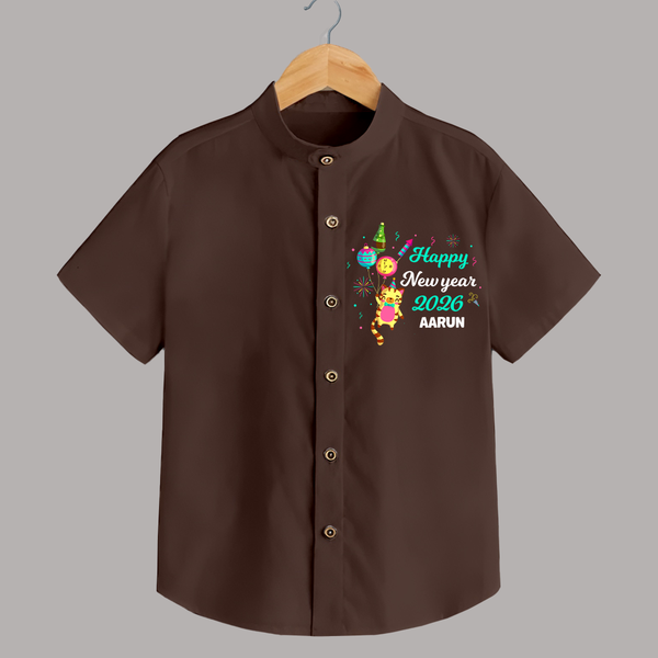 Happy New Year 2026 – Party Tiger | Customized Shirt for Kids - CHOCOLATE BROWN - 0 - 6 Months Old (Chest 23")