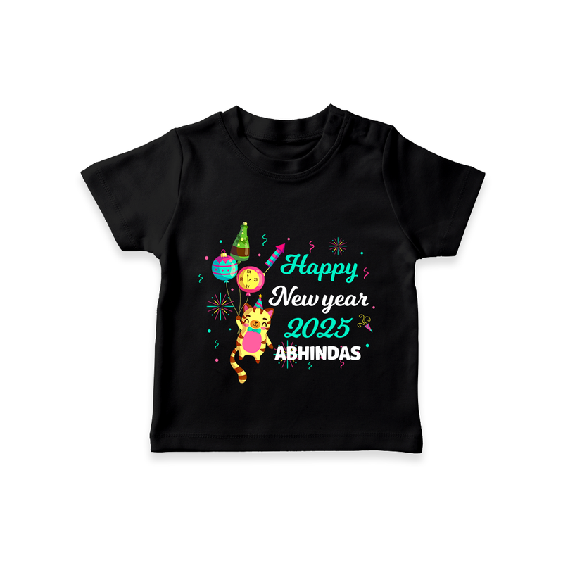 "Happy New Year 2025 - Smiles and Giggles With Our Customized T-Shirt for Kids With Name" - BLACK - 0-5 Months Old (Chest 17")