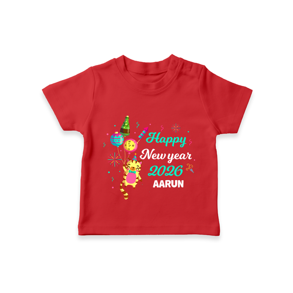 Happy New Year 2026 – Party Tiger | Customized T-Shirt for Kids - RED - 0-5 Months Old (Chest 17")