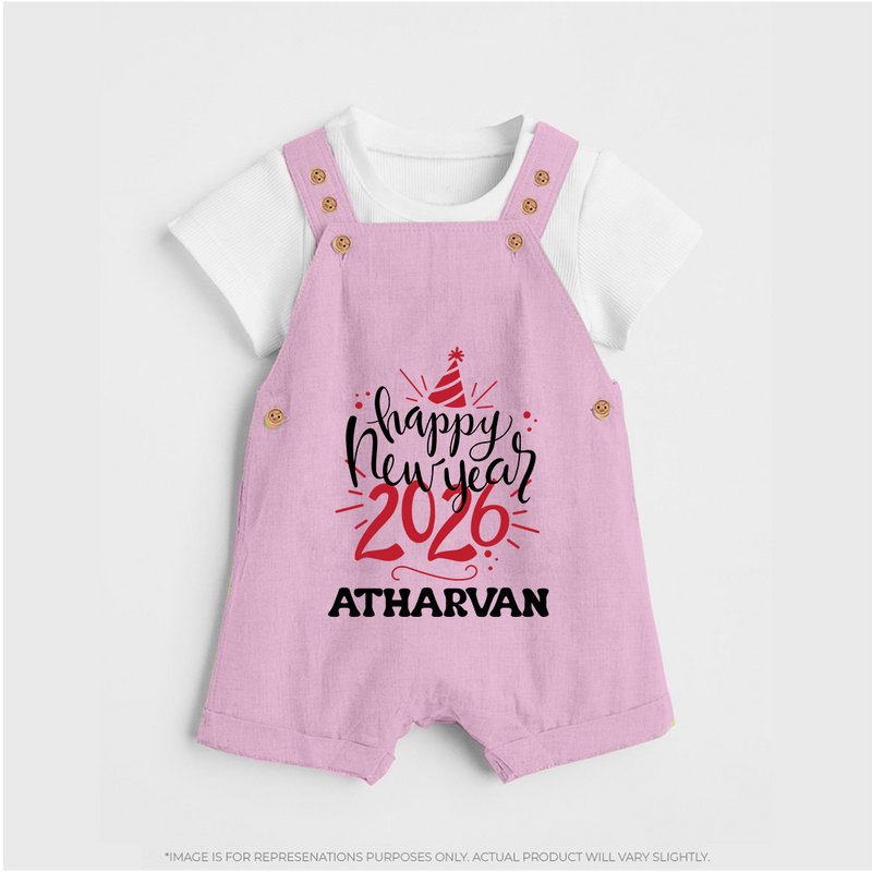 Happy New Year 2026 – Gold Party | Personalised Dungaree for Kids - BABY PINK - 0 - 5 Months Old (Chest 18")