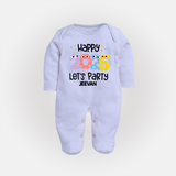 "Happy 2025 Let's Party" - New Year Themed Customized Sleep Suit For Babies With Name - BABY BLUE - New Born (Chest 7.5")