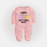 "Happy 2025 Let's Party" - New Year Themed Customized Sleep Suit For Babies With Name - BABY PINK - New Born (Chest 7.5")